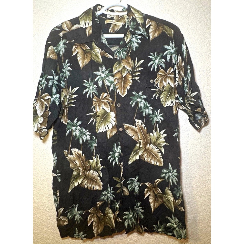 Moda Campia Men's Hawaiian Shirt Black Palm Leaf Print Rayon Size M